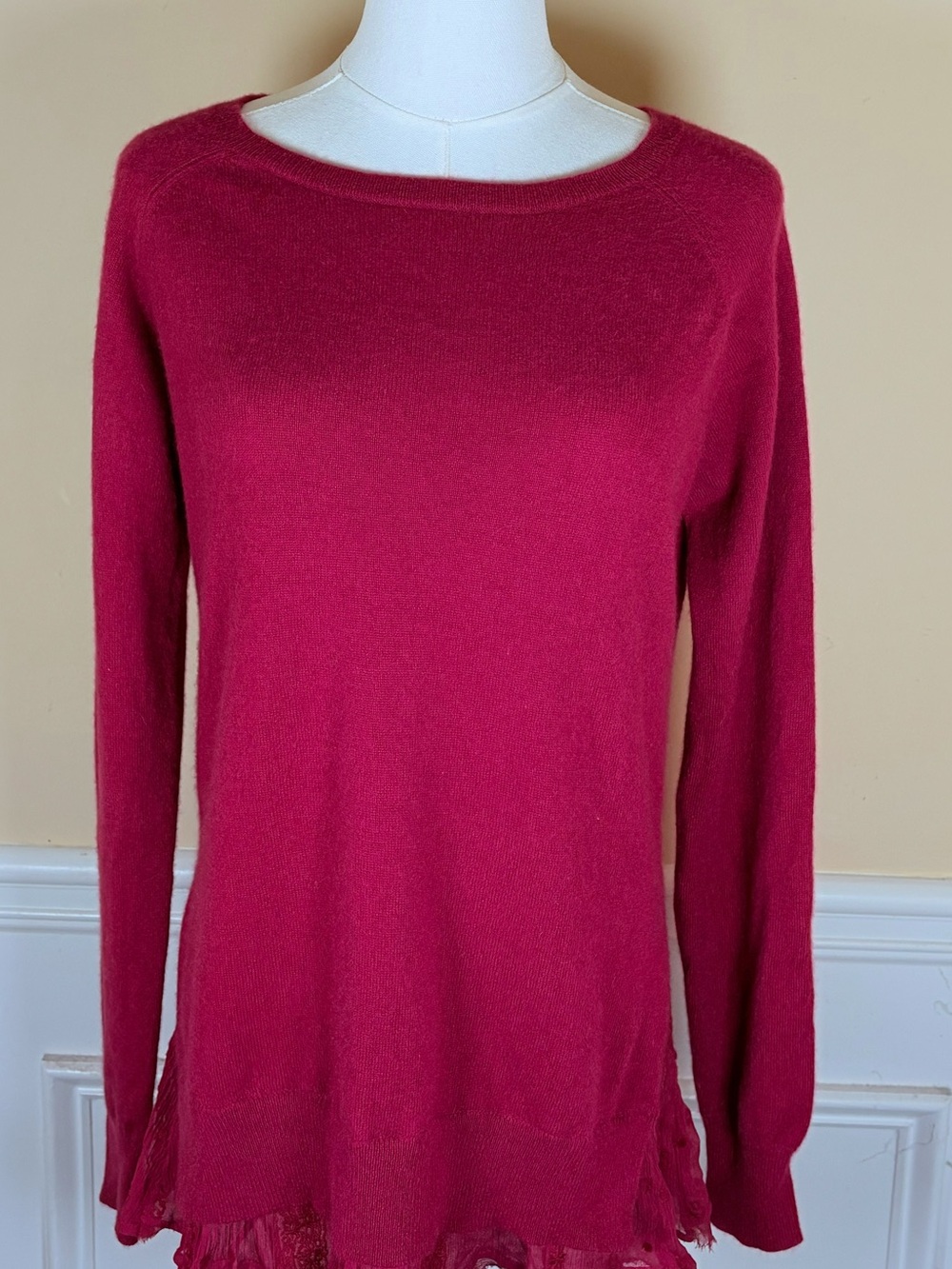 ❤️ Garnet Hill 100% Cashmere Cranberry Lace Hem Sweater Women’s M